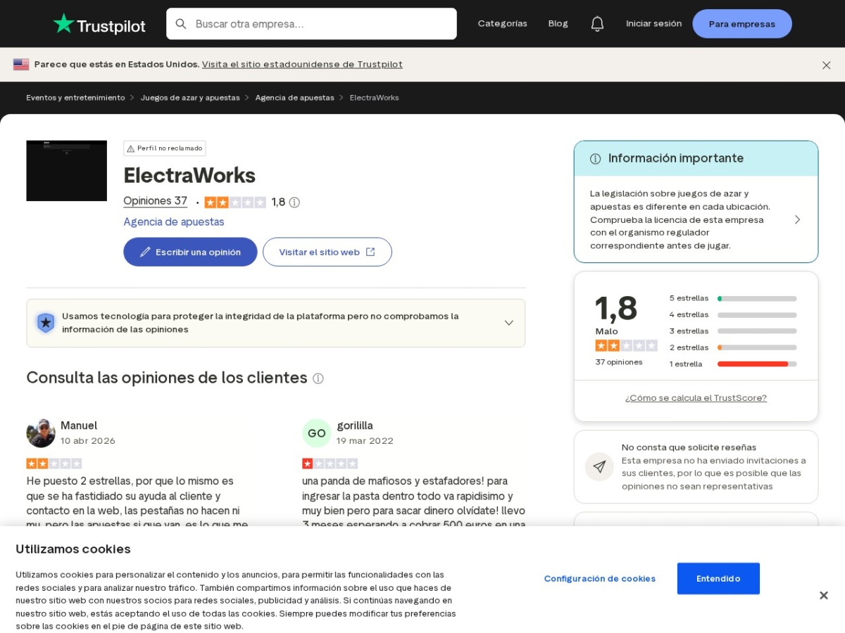 Recorded evidence capture from es.trustpilot.com