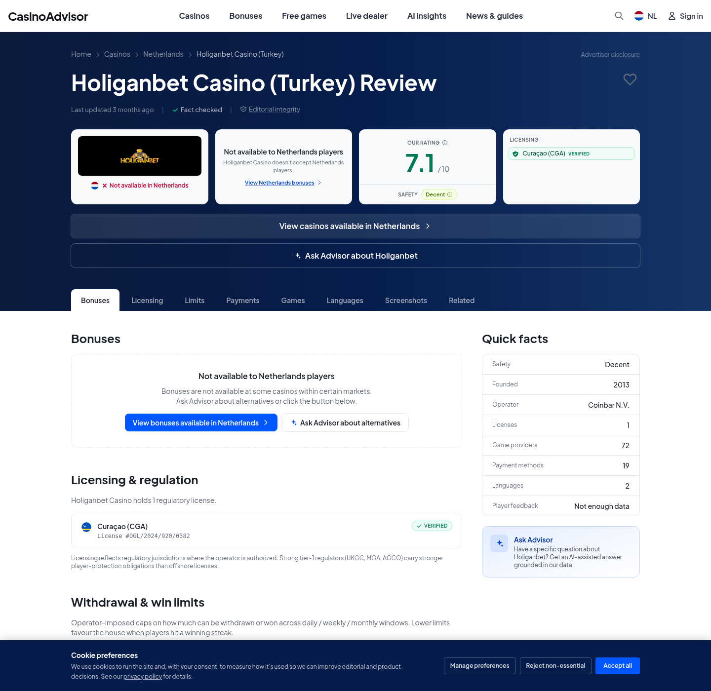 Recorded evidence capture from casinoadvisor.com