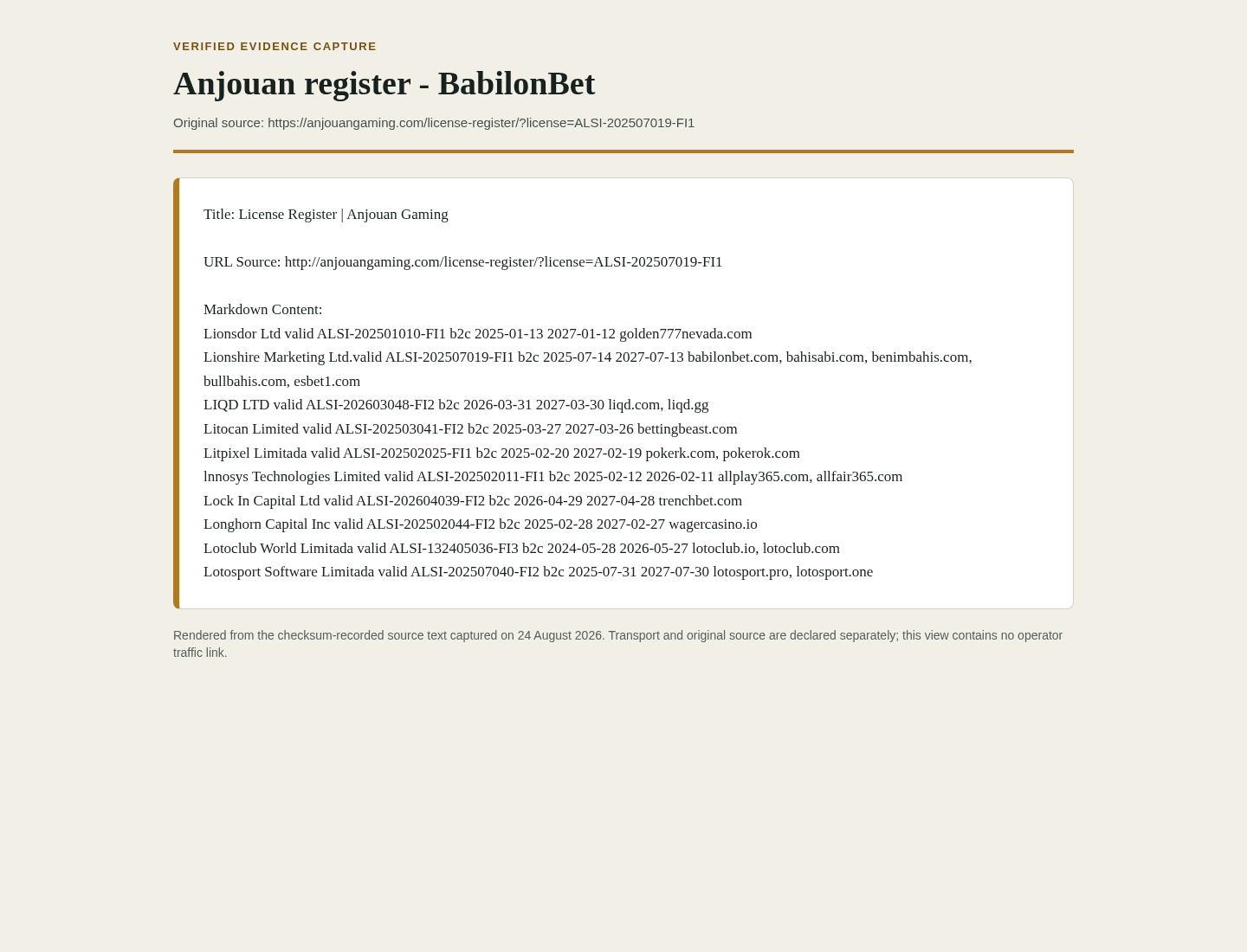 Evidence capture from anjouangaming.com